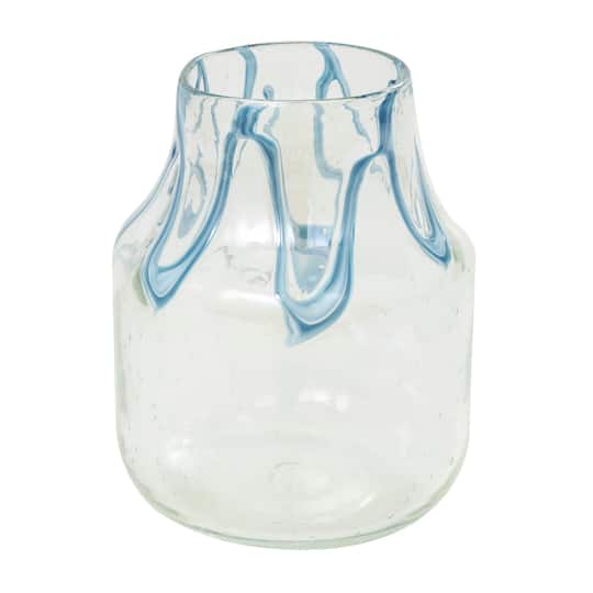 10" Cream with Wavy Blue Design Abstract Glass Vase